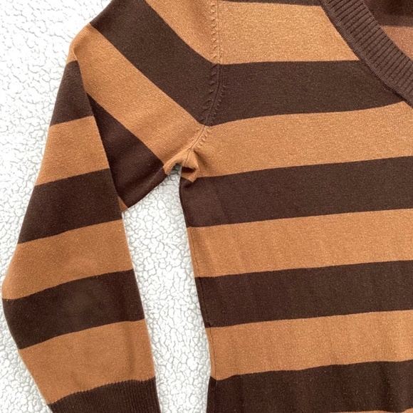 Point Zero Sweater Womens Large Long V-Neck Stripped Pull Over Long Sleeve Brown - Picture 2 of 10